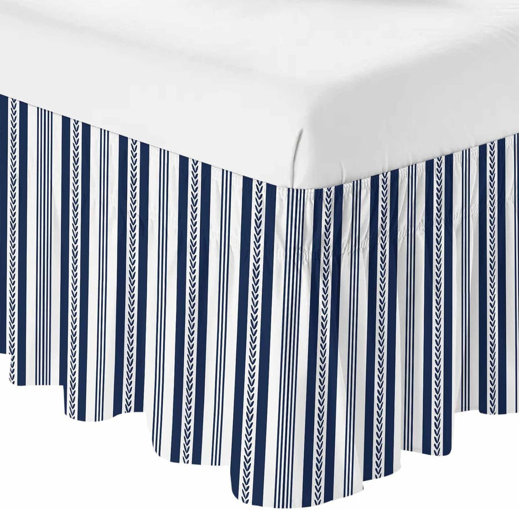 Navy Blue Striped Bed Skirt Cal King Size 16 Inch Drop, Adjustable Elastic Bedskirt Dust Ruffle for Cal King Bed, Summer Botanical Farmhouse Stripes Wrap Around Bed Skirts Pleated Bed Frame Cover
