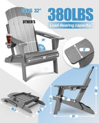 Adirondack Chair with Cup Holder: Adirondack Chairs set of 4 Plastic HDPE Material Furniture - Composite Fire Pit Chairs Foldable for Outdoor/Backyard/Garden/Lawn/Deck/Porch/Patio