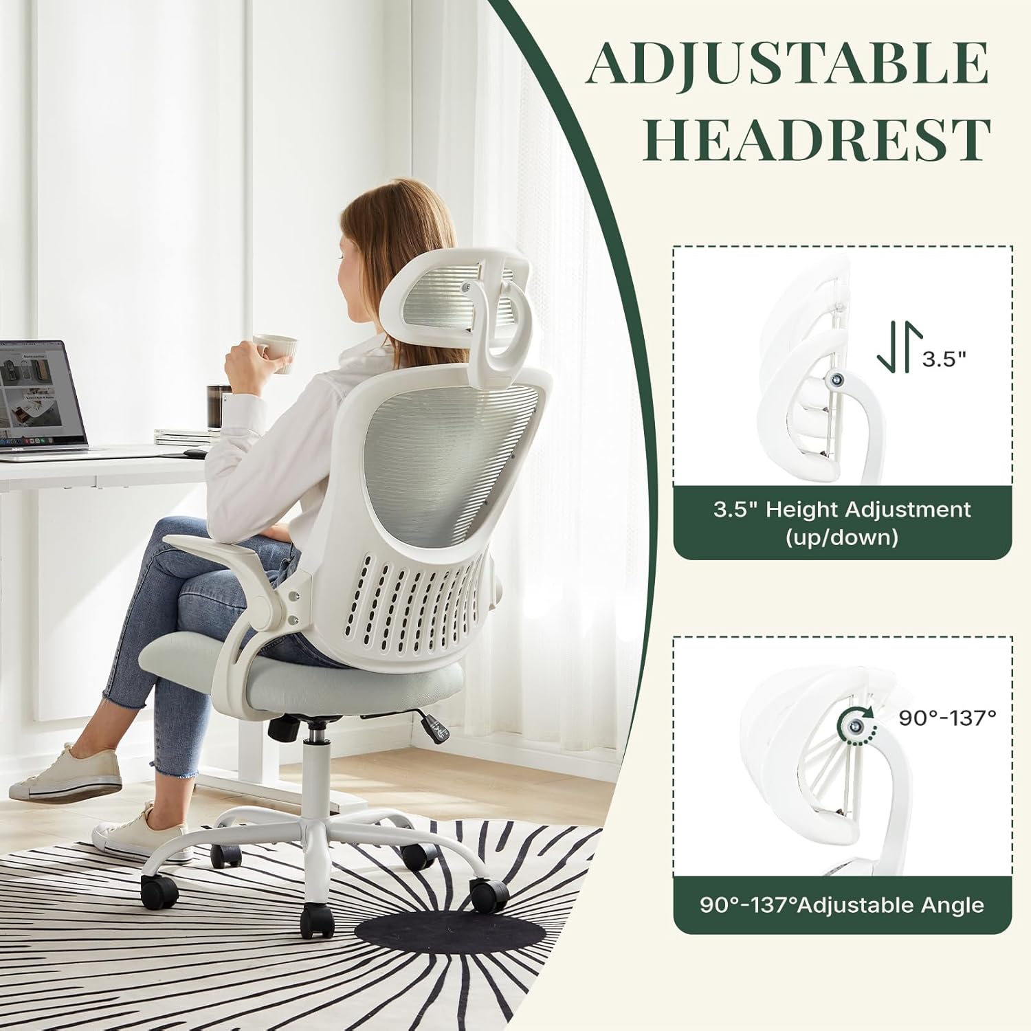 Ergonomic Office Chair, Comfy Desk Chair with Wheels, Adjustable Headrests, Flip-Up Armrests, Breathable Mesh High-Back, Comfortable Swivel Seating for Home Computer, Grey