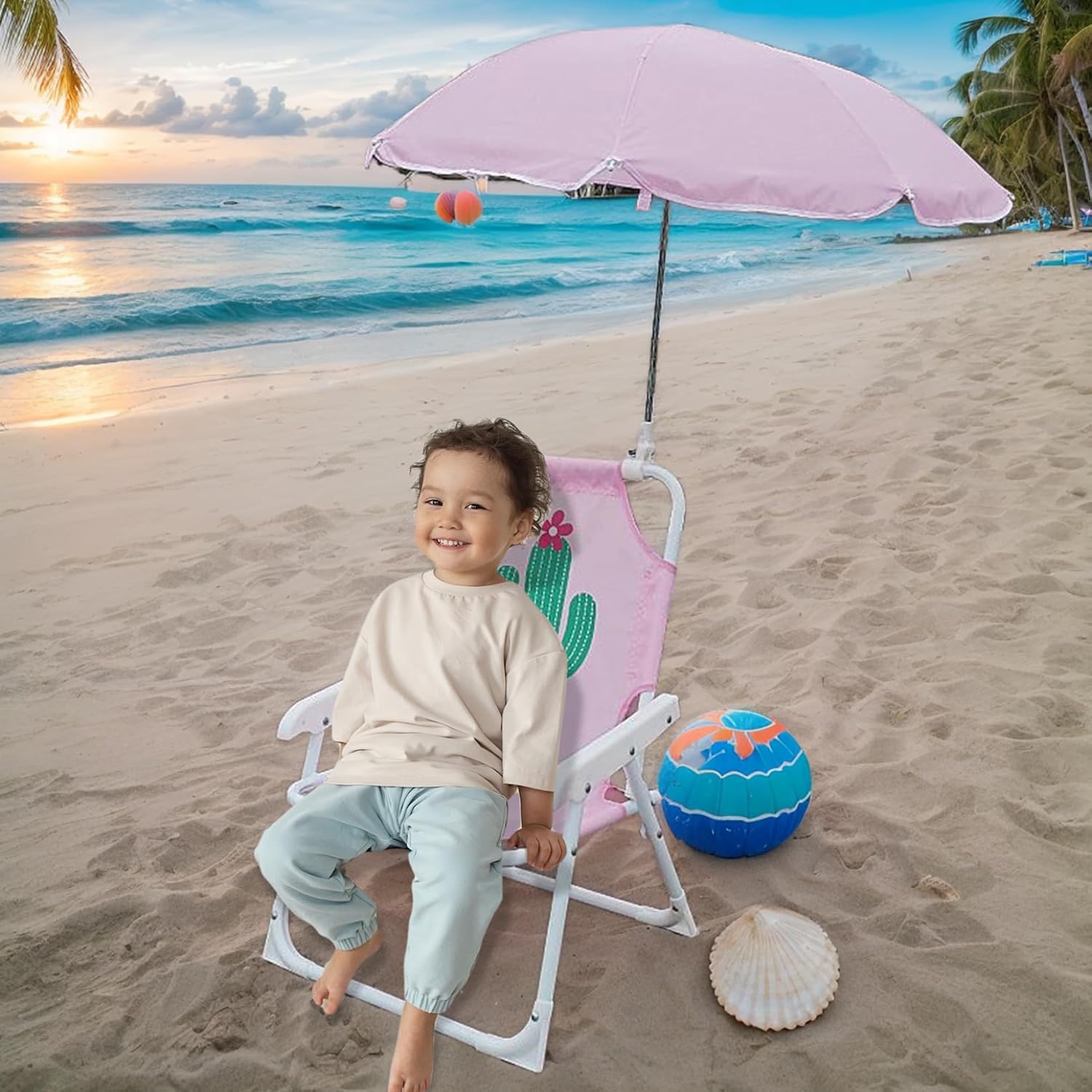 Kids Beach Chair with Umbrella, Foldable & Detachable Portable Oxford Cloth Cute Kids Beach Chair with Canopy for Outdoor Summer, Cactus
