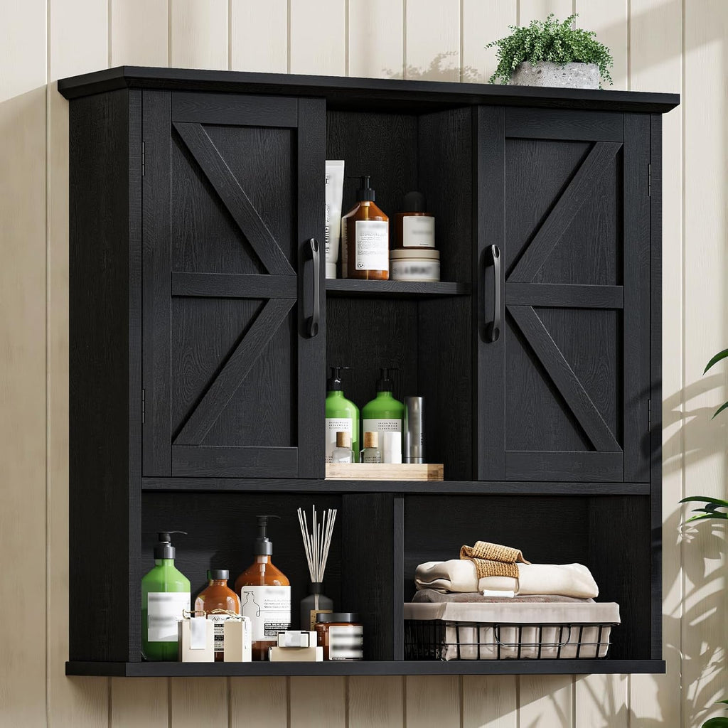 Vabches Bathroom Wall Cabinet, Farmhouse Medicine Cabinet with Double Barn Door and Adjustable Shelves, Wooden Vintage Storage Cabinet Wall Mounted for Bathroom, Kitchen Dining, Rustic Black