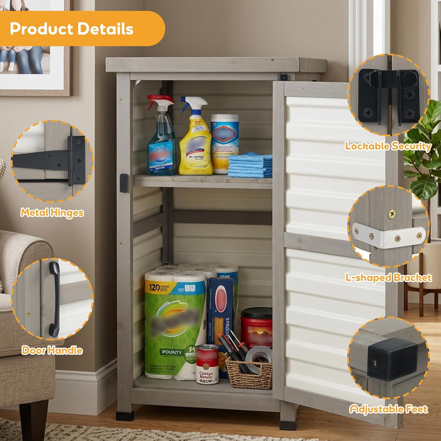 Outdoor Storage Cabinet with Metal Top, Wooden & Plastic Potting Bench & Tool Organizer, Adjustable Shelf for Patio Backyard Garden, Small Outdoor Cabinet for Tools