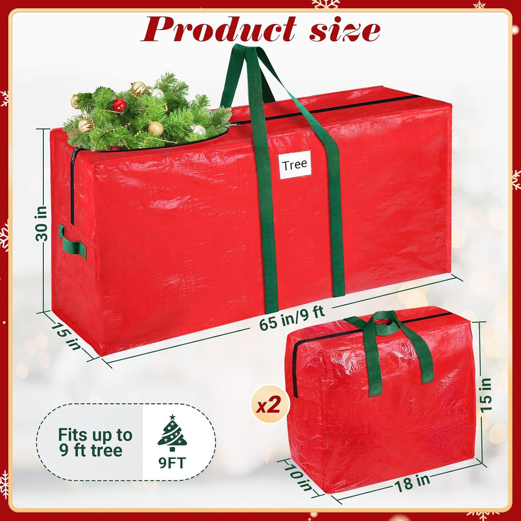 BlessedSeason Christmas Tree Storage Bag 9 Ft With 2 Large Tinsel Garland Bags, Waterproof Material, Reinforced Handles & Dual Zipper (Red)