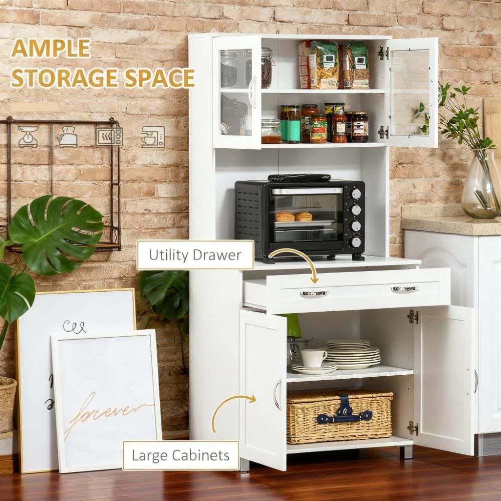 Modern Freestanding Kitchen Pantry Cabinet, 2 Double-Door Cabinets & Pull-Out Drawer, Framed Glass Doors, Anti-Topple Design, 31.5" W x 67" H