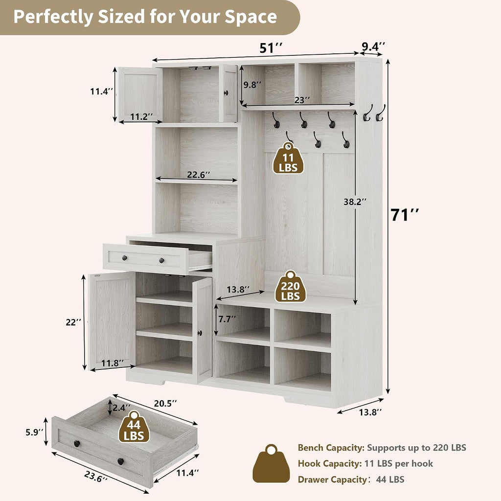 Einhomn 5-in-1 Hall Tree with Bench and Shoe Storage, 51" W Entryway Organizer Coat Rack with 9 Hooks, 2 Storage Cabinets, Drawer, Open Cubbies for Mudroom, Hallway, Living Room, Rustic White