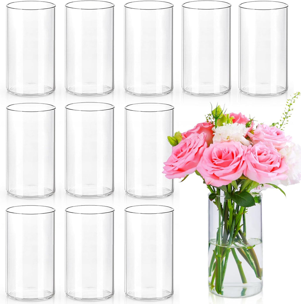 UPBUD 6 Inch Glass Cylinder Vases for Centerpieces | 12Pcs Clear Small Flower Vase for Wedding Decorations, Floating Candle Vases in Bulk, Hurricane Candle Holders for Table, Home Décor