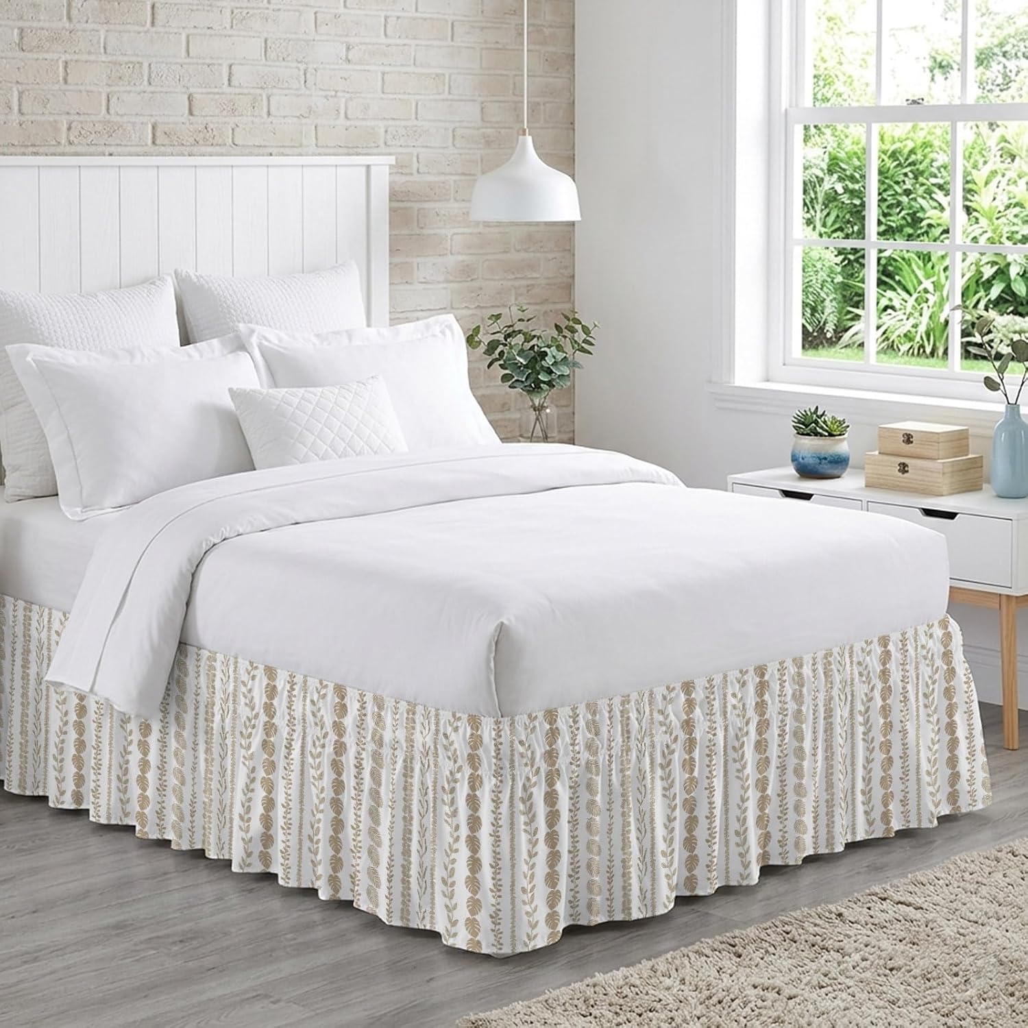 Brown Botanical Bed Skirt King Size 18 Inch Drop, Adjustable & Elastic Wrap Around Bed Skirts Pleated Luxury Dust Ruffles for Twin Full Queen Cal King Base Bed, Summer Botanical Leaf Vertical Stripes
