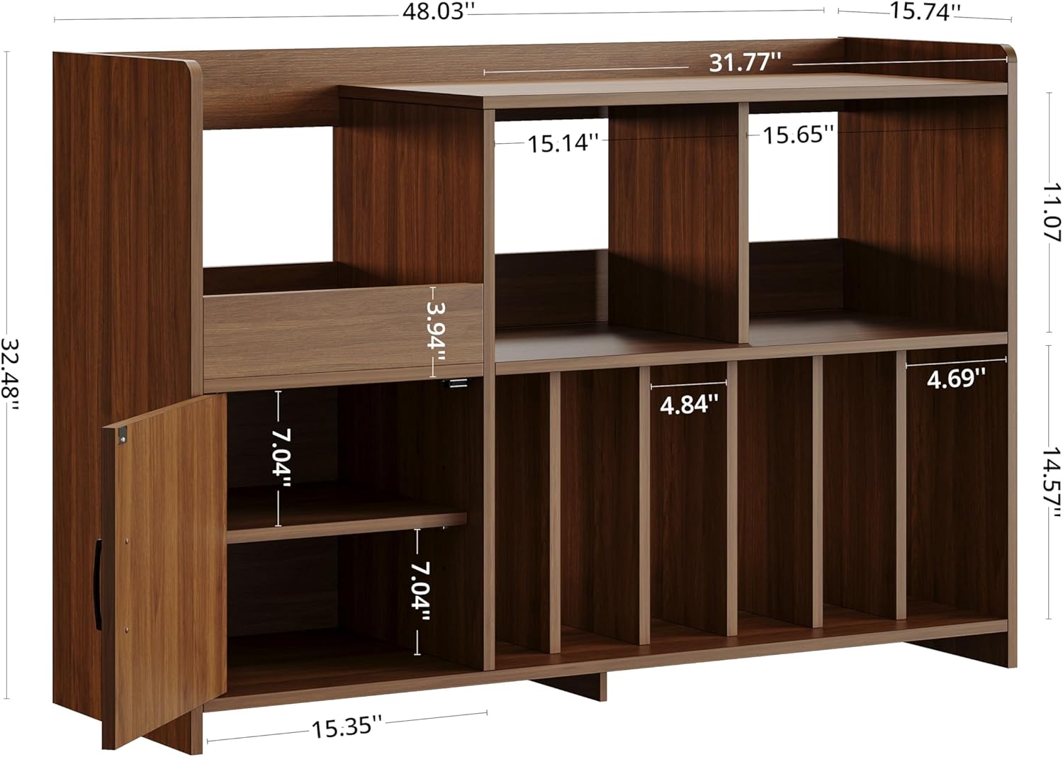 IRONCK Mid-Century Modern Record Player Stand, Record Player Cabinet with Door & Display Shelf, Vinyl Record Storage Cabinet for Living Room & Entertainment Room, Walnut
