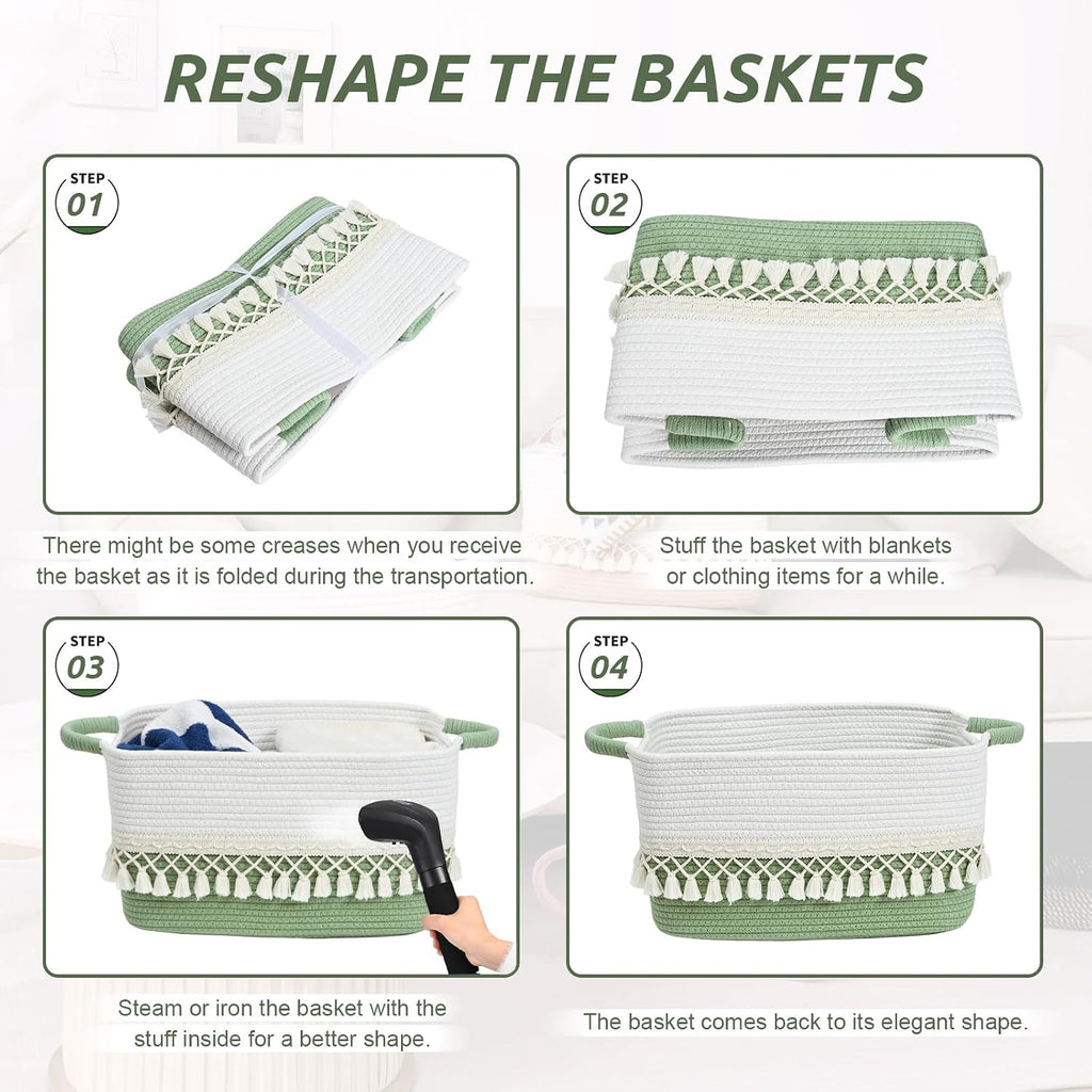 2 Pack Storage Basket, Heavy Tassel Woven Baskets for Storage, Boho Cotton Rope Storage Bin, Cube Organizer Bins, Baby Laundry Basket for Clothes, Toys, Diapers, Pets（White & Green）