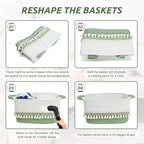 2 Pack Storage Basket, Heavy Tassel Woven Baskets for Storage, Boho Cotton Rope Storage Bin, Cube Organizer Bins, Baby Laundry Basket for Clothes, Toys, Diapers, Pets（White & Green）