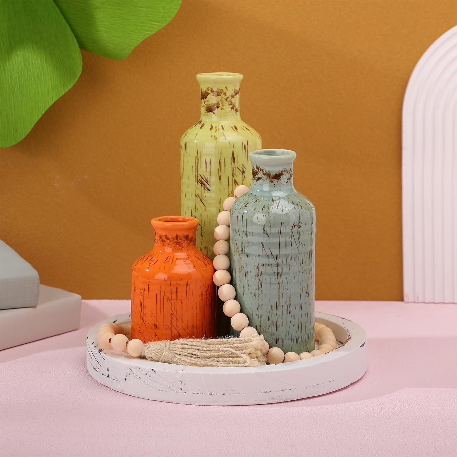 5 Pcs Rustic Country Tabletop Centerpieces Decor Set of 3 Boho Ceramic Vases with Wooden Serving Tray Wood Bead Garland Tassels Table Holder for Home Decorations(Mexican Color)