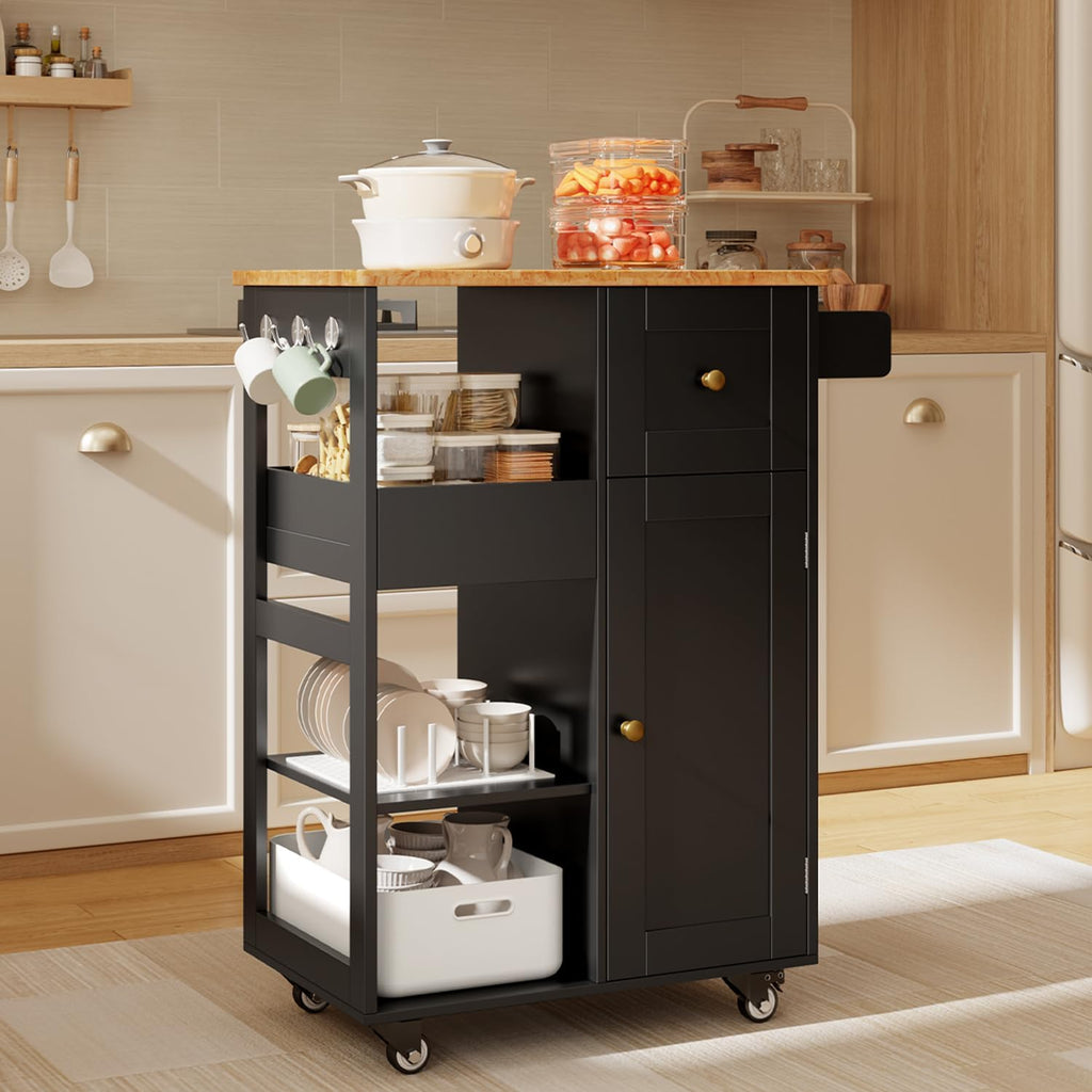 Gizoon Kitchen Island Cart on Wheels, with Thickened Wooden Countertop, Rolling Serving Utility Cart with Drawers and Doors, Bar Cart with Adjustable Shelf and Removable Tray for Dining Room, Black