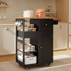 Gizoon Kitchen Island Cart on Wheels, with Thickened Wooden Countertop, Rolling Serving Utility Cart with Drawers and Doors, Bar Cart with Adjustable Shelf and Removable Tray for Dining Room, Black