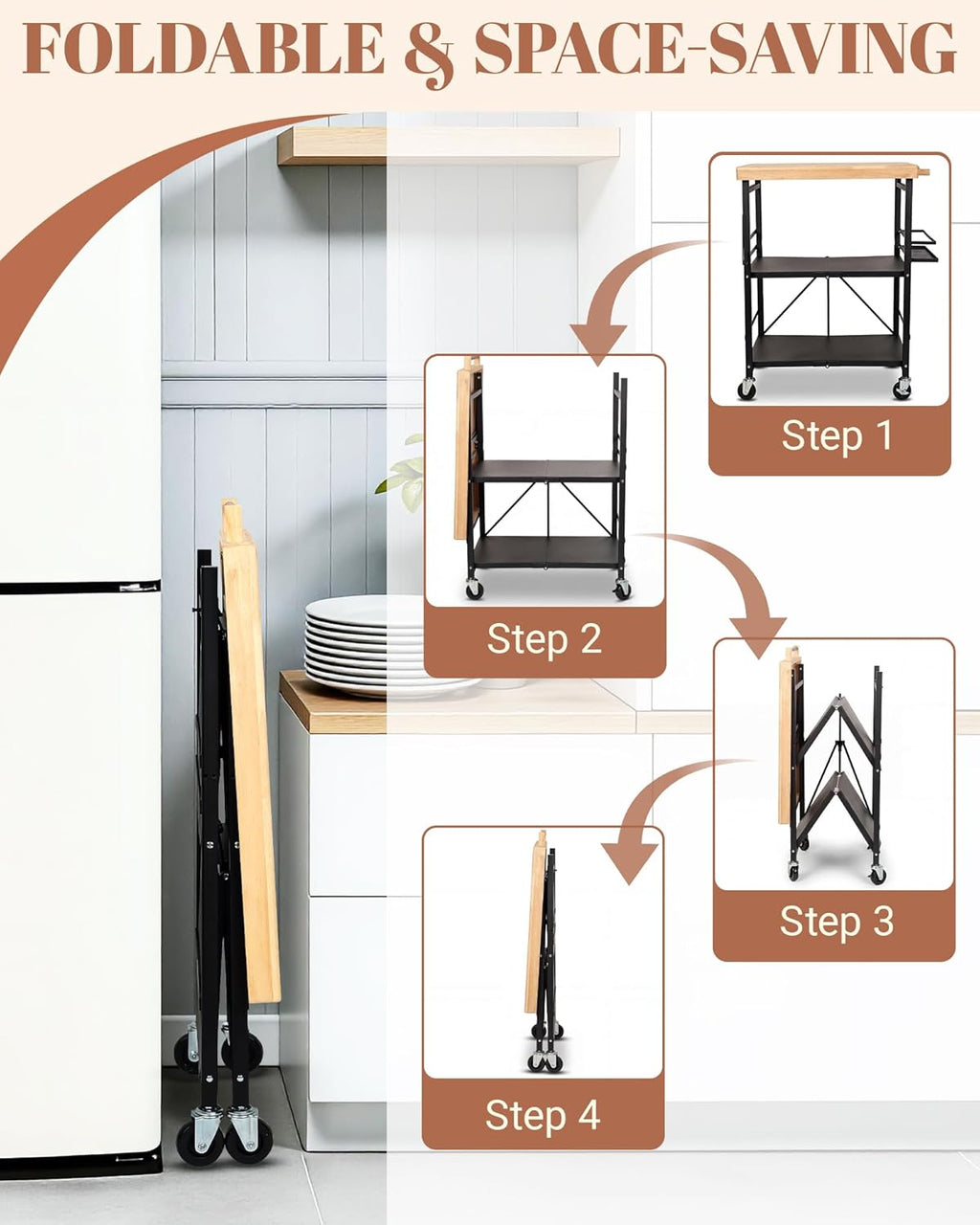 Mythinglogic Foldable Kitchen Cart with Wheels, Rolling Kitchen Island with Wood Top, 3-Tier Microwave Stand Coffee Bar Cart with Side Storage Rack, Black