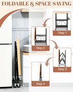 Mythinglogic Foldable Kitchen Cart with Wheels, Rolling Kitchen Island with Wood Top, 3-Tier Microwave Stand Coffee Bar Cart with Side Storage Rack, Black