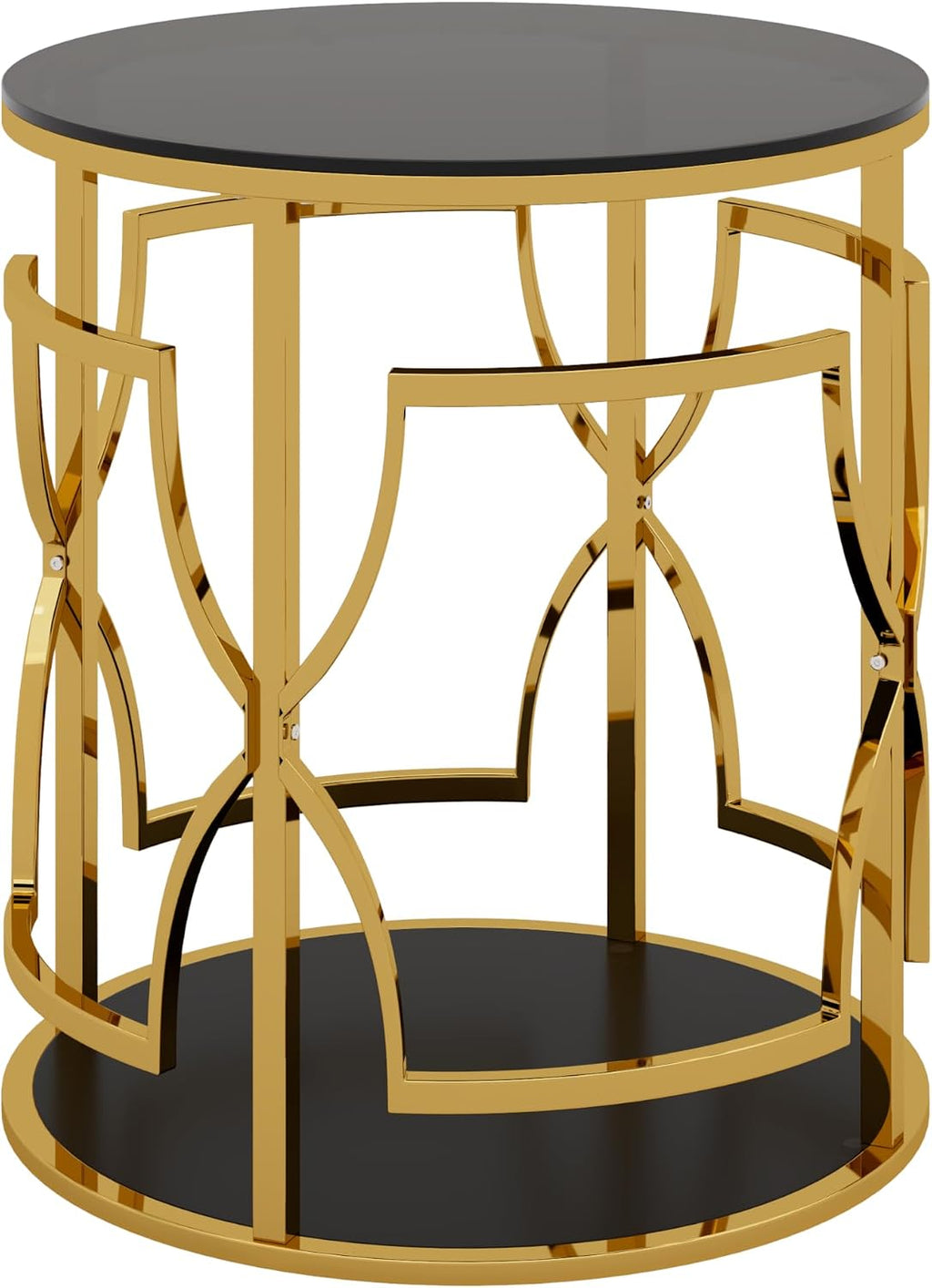 Merax 19.7" Round Gold Metal Side Table with Tempered Glass Top & 2-Tier Storage Shelf, Modern Coffee Table Glam End Table for Living Room, Bedroom, Sofa Side, Small Space, Black
