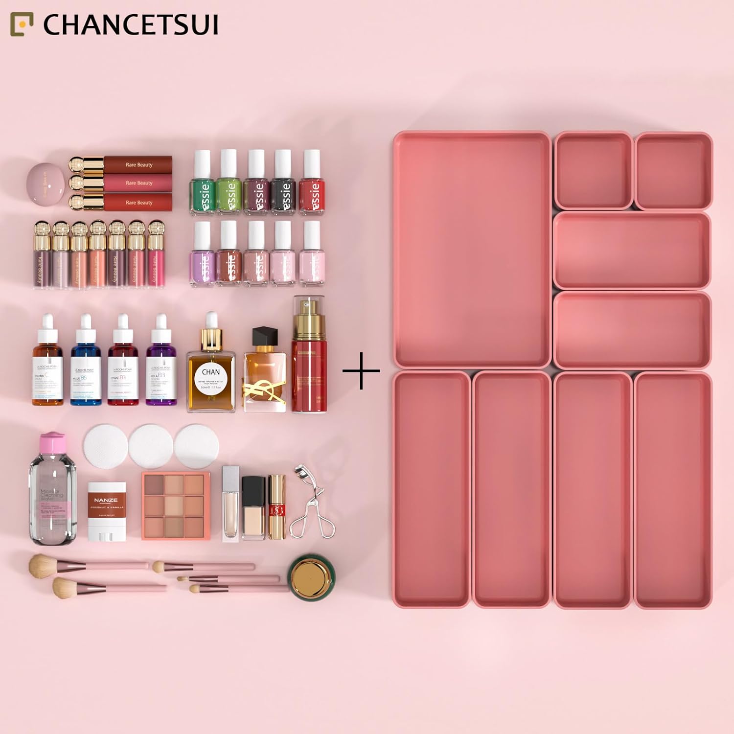 9 Pcs Stackable Drawer Organizer Trays Set, Multifunctional Stackable Storage Trays for Vanity, Bathroom, Kitchen, Desk Drawer Organizer Office. Plastic Drawer Organizers Available In 5 Colours, Rose