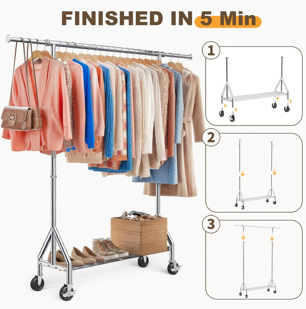 TigerParty Heavy Duty Clothes Rack for Hanging Clothes, Rolling Garment Rack, Adjustable Free Standing Organizer with Wheels, Space-Saving Design for Bedroom Laundry Living Room (Silver)