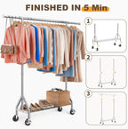 TigerParty Heavy Duty Clothes Rack for Hanging Clothes, Rolling Garment Rack, Adjustable Free Standing Organizer with Wheels, Space-Saving Design for Bedroom Laundry Living Room (Silver)