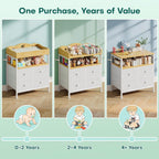 POKIPO Bamboo Changing Table Dresser with Sturdy Metal Frame, 4 Fabric Drawers, 3-in-1 Baby Dresser with Changing Table Top, Diaper Changing Station and Storage Organizer for Modern Nursery