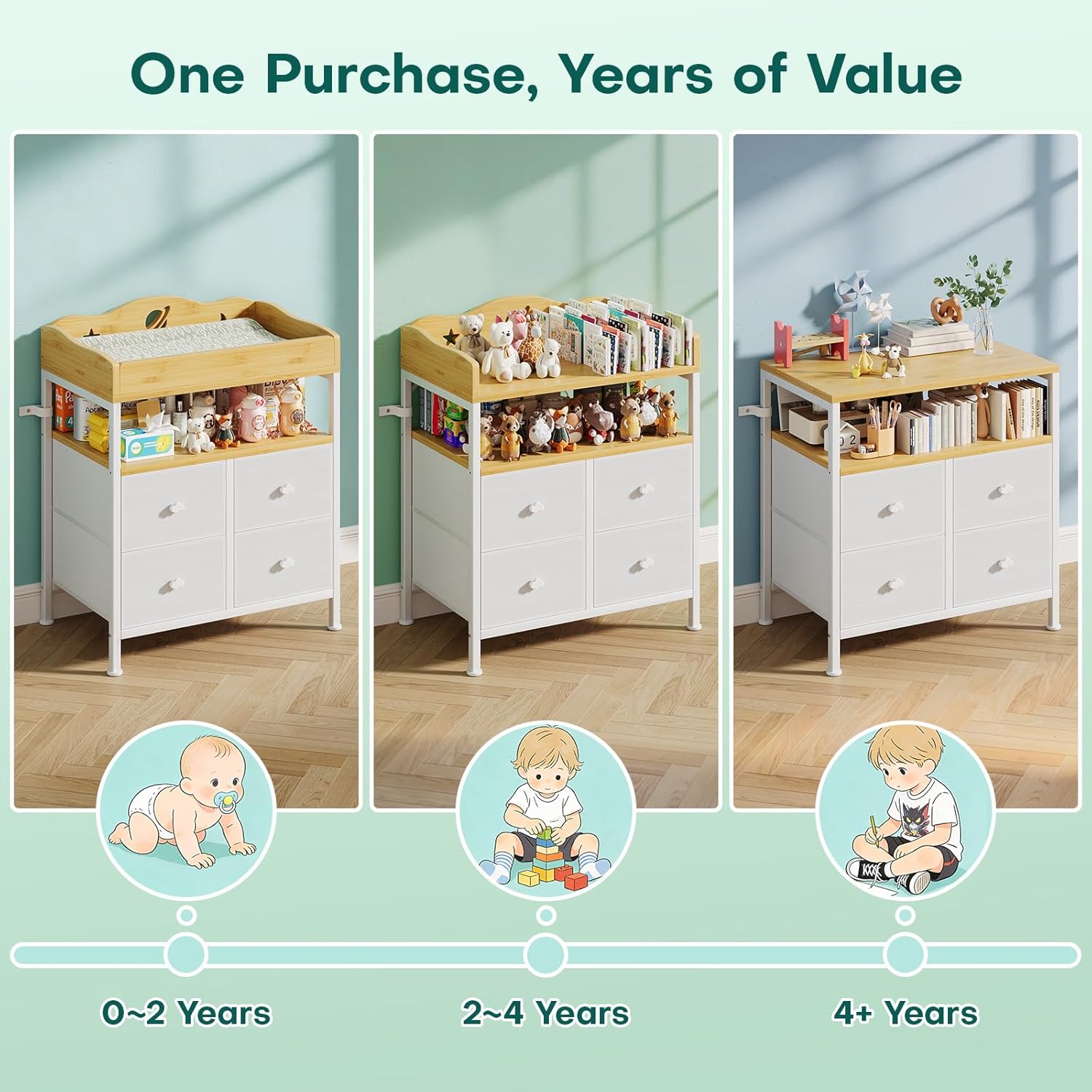 POKIPO Bamboo Changing Table Dresser with Sturdy Metal Frame, 4 Fabric Drawers, 3-in-1 Baby Dresser with Changing Table Top, Diaper Changing Station and Storage Organizer for Modern Nursery