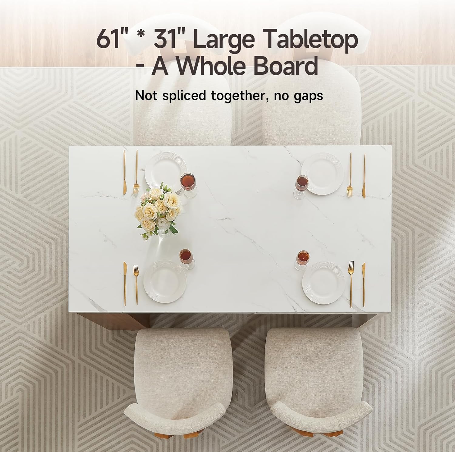 ONBRILL 61 x 31 Inch Whole Board of Tabletop Kitchen Island Table with Storage Space, Power Outlet & LED Lights, Modern Imitation Marble Large Counter Height Dining Table for 4 (White)