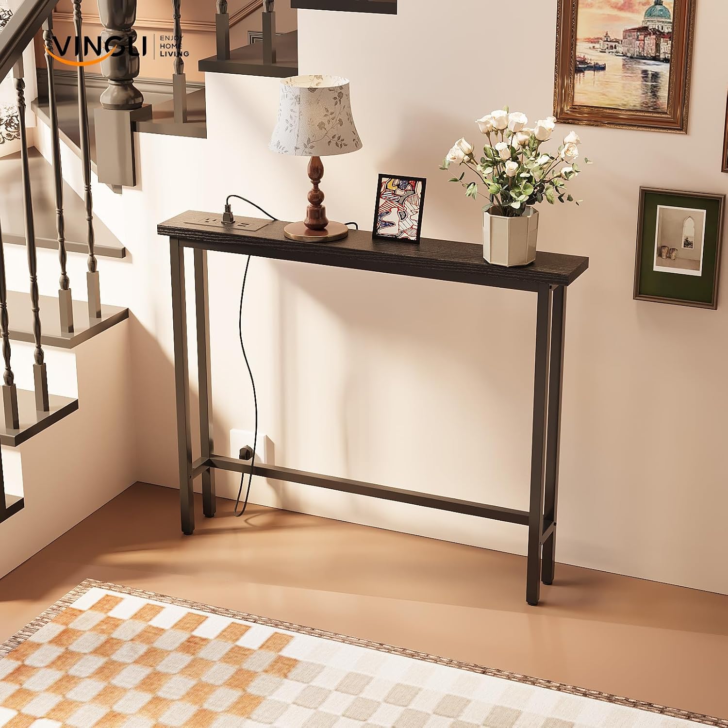 VINGLI 39" Console Table with Charging Station, 5.9" Narrow Sofa Table Behind Couch, Entryway Table with Power Outlet & 4.9 Ft Extension Cord & Adjustable Feet, for Living Room, Hallway, Black