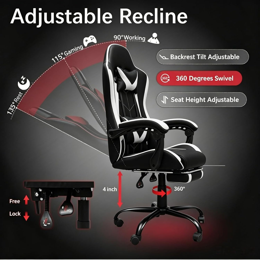 Gaming Chair, Ergonomic Computer Chair with Footrest and Lumbar Support, Height Adjustable Video Game Chair with 360° Swivel Seat and Headrest for Office, Home, Streaming and Gaming (White)