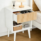 MAHANCRIS White Fluted Nightstand, Modern Bedside Table with Drawer and Opening Storage, Night Stand with Wood Legs, End Table Side Table for Living Room, Bedroom, Small Space, Natural ETBN6201