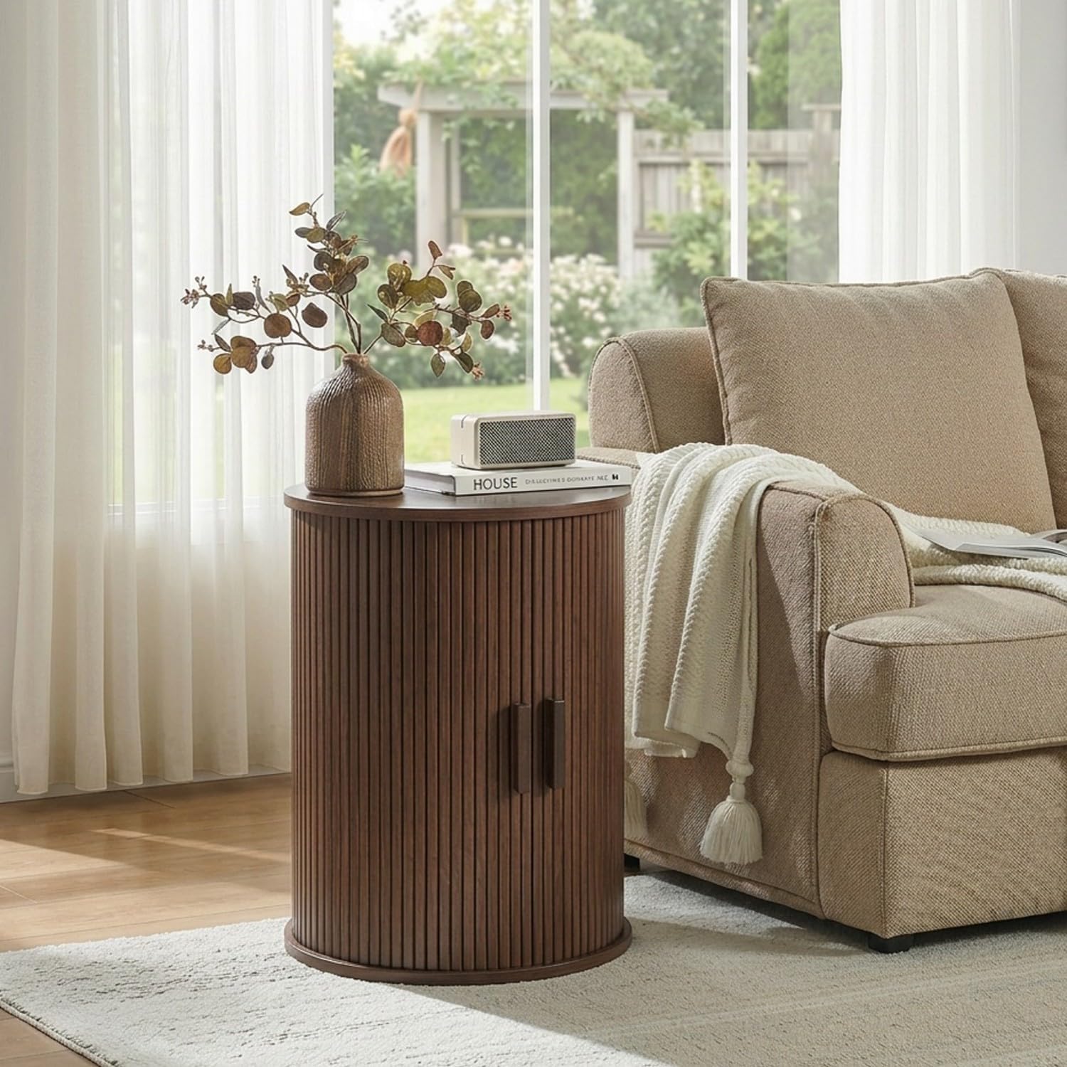 wanan Round Fluted End Table Set of 2, Tall Side Table with Sliding Tambour Door and Adjustable Storage Shelf, Modern Bedside Table, Nightstand for Living Room, Bedroom (Walnut)