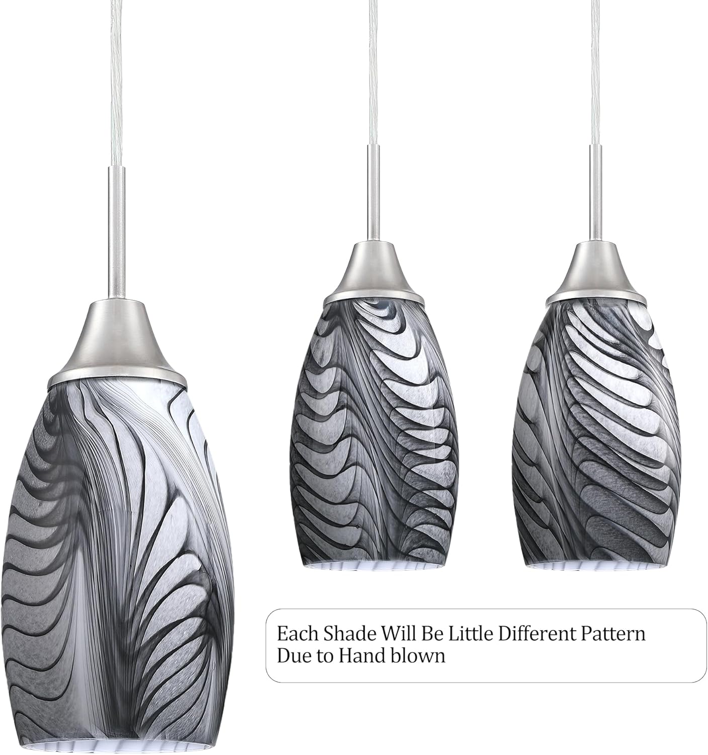 Viinew Mini Glass Pendant Light 4.72" with Handblown Black Gray Marble Art Glass Hanging Light 3-Pack Oval Ceiling Hanging Light Fixture for Dining Room Kitchen Island Cafe Foyer Hallway