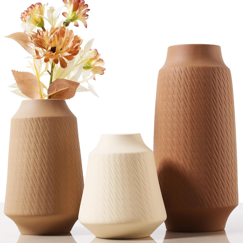 Joeabor Ceramic Vase Set of 3 - Handcrafted Ceramic Vases for Home Decor & Shelf - Modern Farmhouse Decor for Kitchen, Office, Bedroom & Living Room Decorative Objects for Mantel, Table Centerpieces
