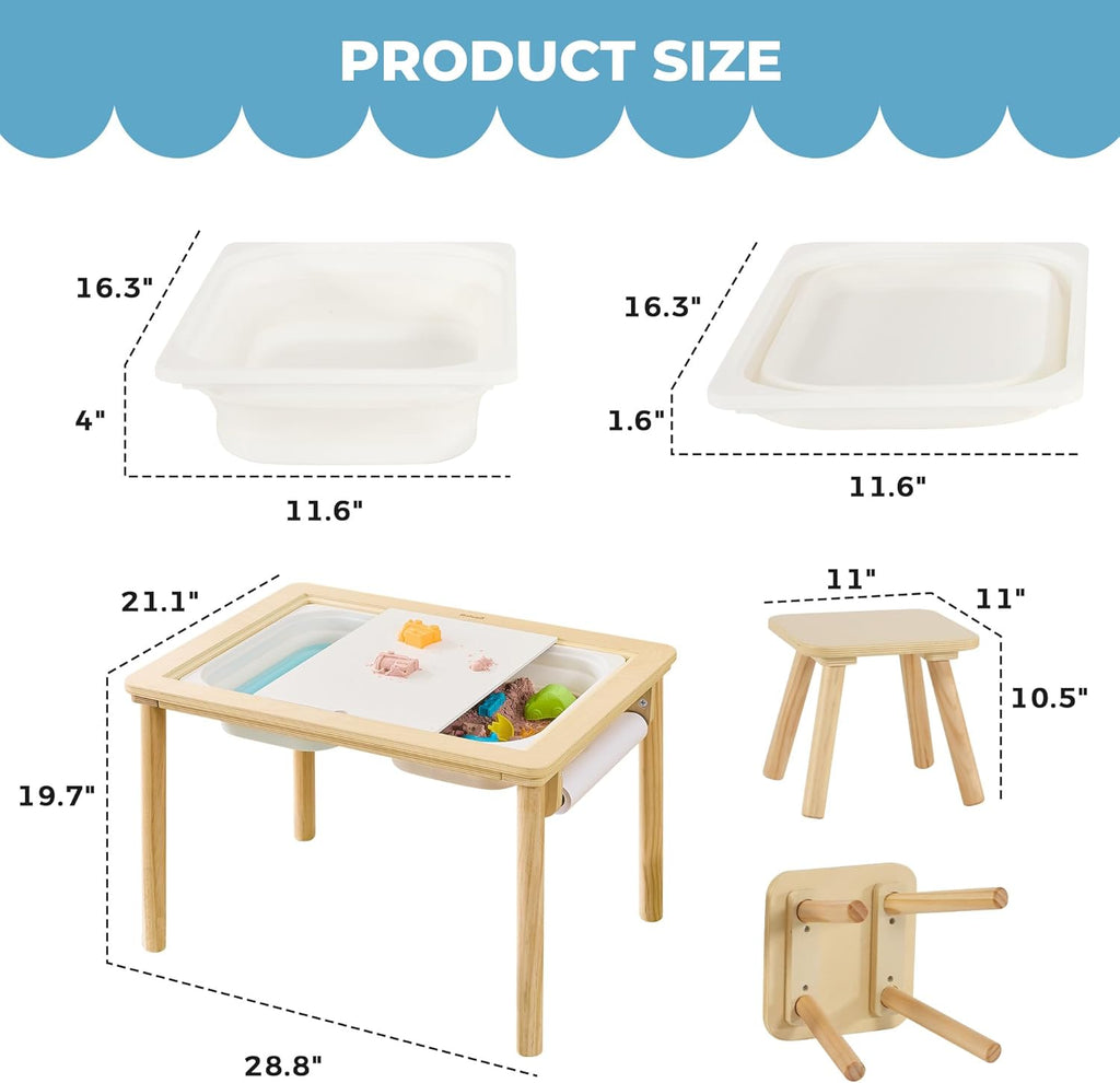 Bateso Sensory Table for Toddlers 1-3 with 2 Chairs & Roll Paper, Wooden Kid Activity Table Chair Set with Double-Sided Boards and 2 Storage Bins for Sand and Water Play