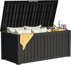 150 Gallon Deck Box Organizer, Doubles as 2-Person Bench Seat, Black Large Resin Outdoor Storage and Seating with Lockable Lid for Garden, Pool, and Patio