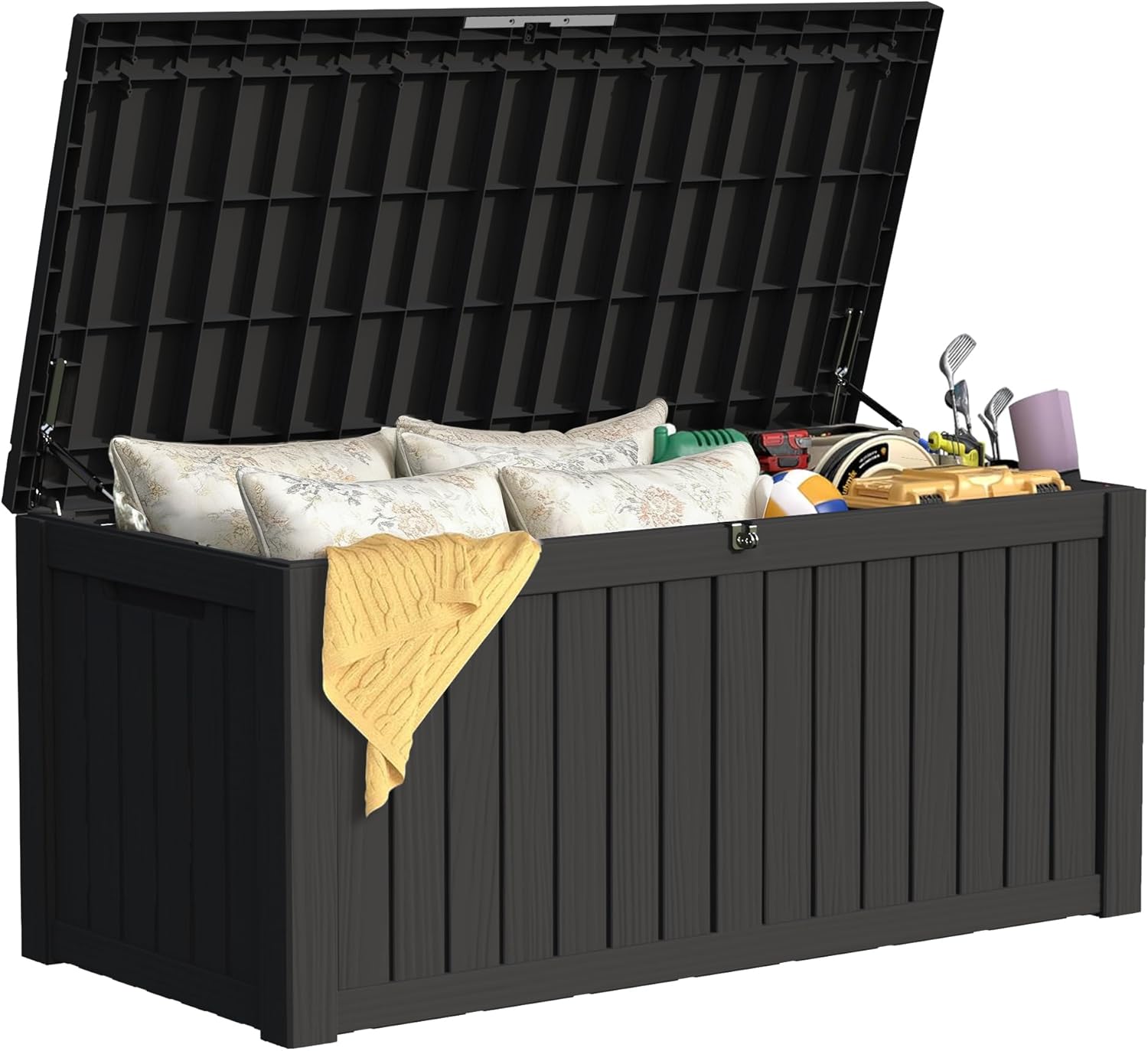 150 Gallon Deck Box Organizer, Doubles as 2-Person Bench Seat, Black Large Resin Outdoor Storage and Seating with Lockable Lid for Garden, Pool, and Patio