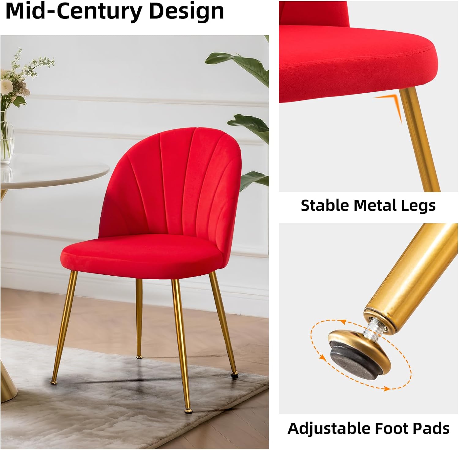 Velvet Dining Chairs Set of 4, Upholstered Mid Century Modern Dining Room Chairs, Armless Accent Chair with Metal Gold Legs for Living Room, Kitchen, Rose Red