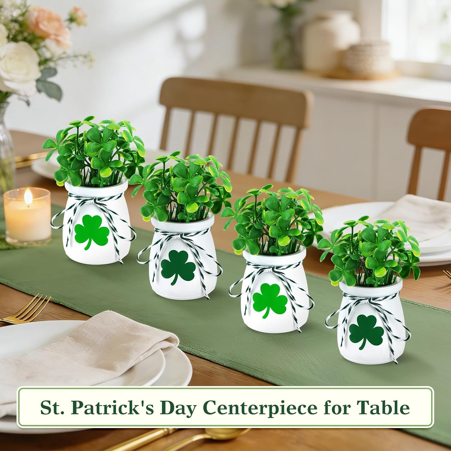 St. Patrick’s Day Decorations for Table – 4 Pack Mini Shamrock Decoration Vases with Artificial Shamrock Picks, St Patrick’s Day Decor for Home & Office