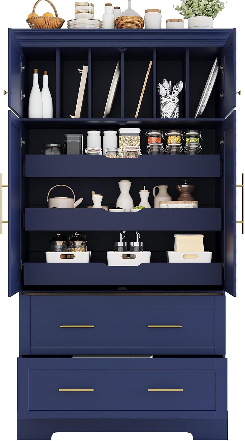 LUMISOL 72" Tall Farmhouse Kitchen Pantry with 4 Doors,Dining Storage Cabinet with Pull-Out Trays, Freestanding Storage Cabinets with Drawers and Cake Pan Storage Organizer, Blue