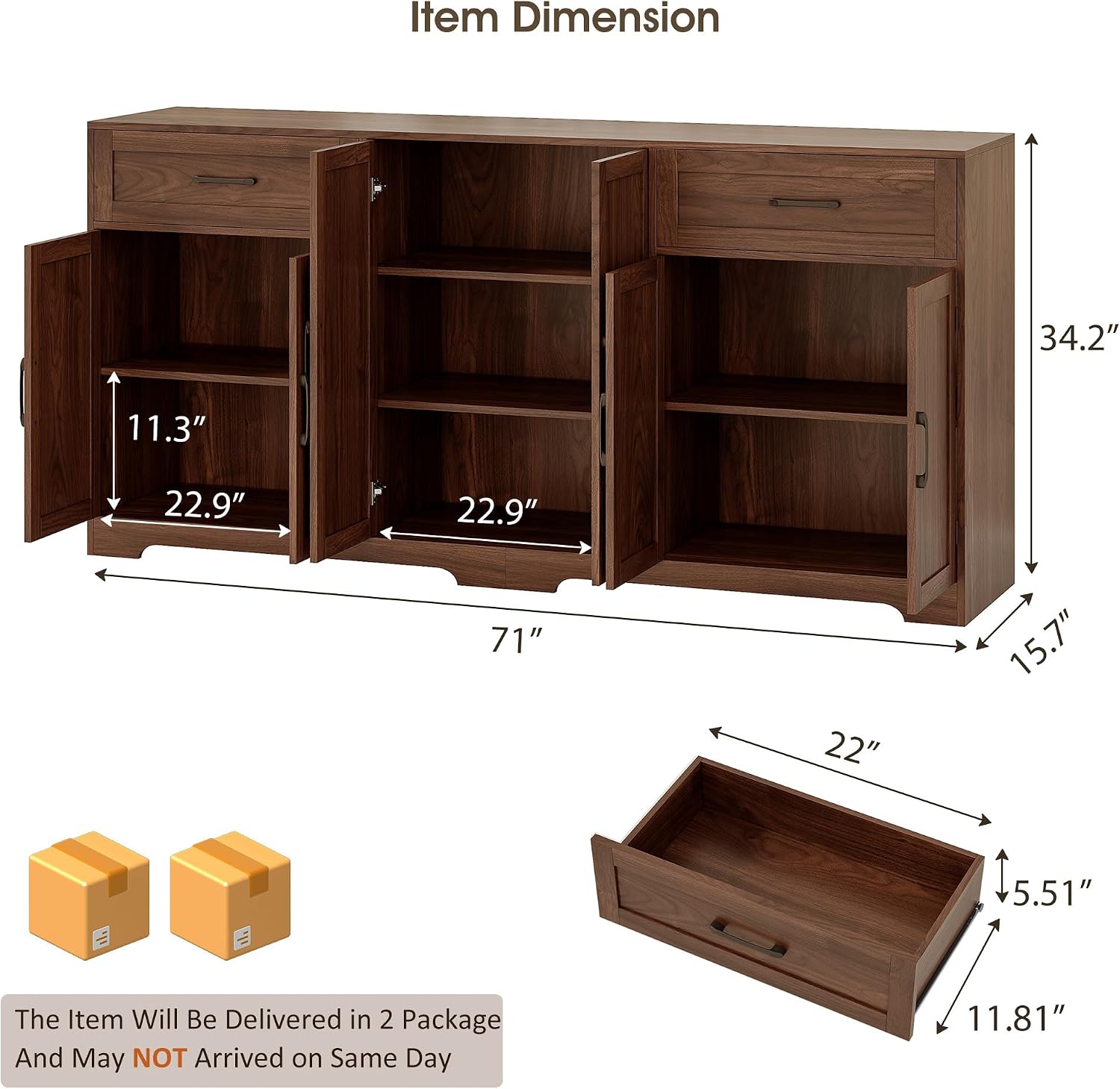 Whalefall 71" Farmhouse Sideboard Buffet Cabinet with Storage, Dark Brown | Large Coffee Bar with 2 Drawers & 6 Doors, Kitchen Credenza with Adjustable Shelves for Dining Room, Living Room TV Stand