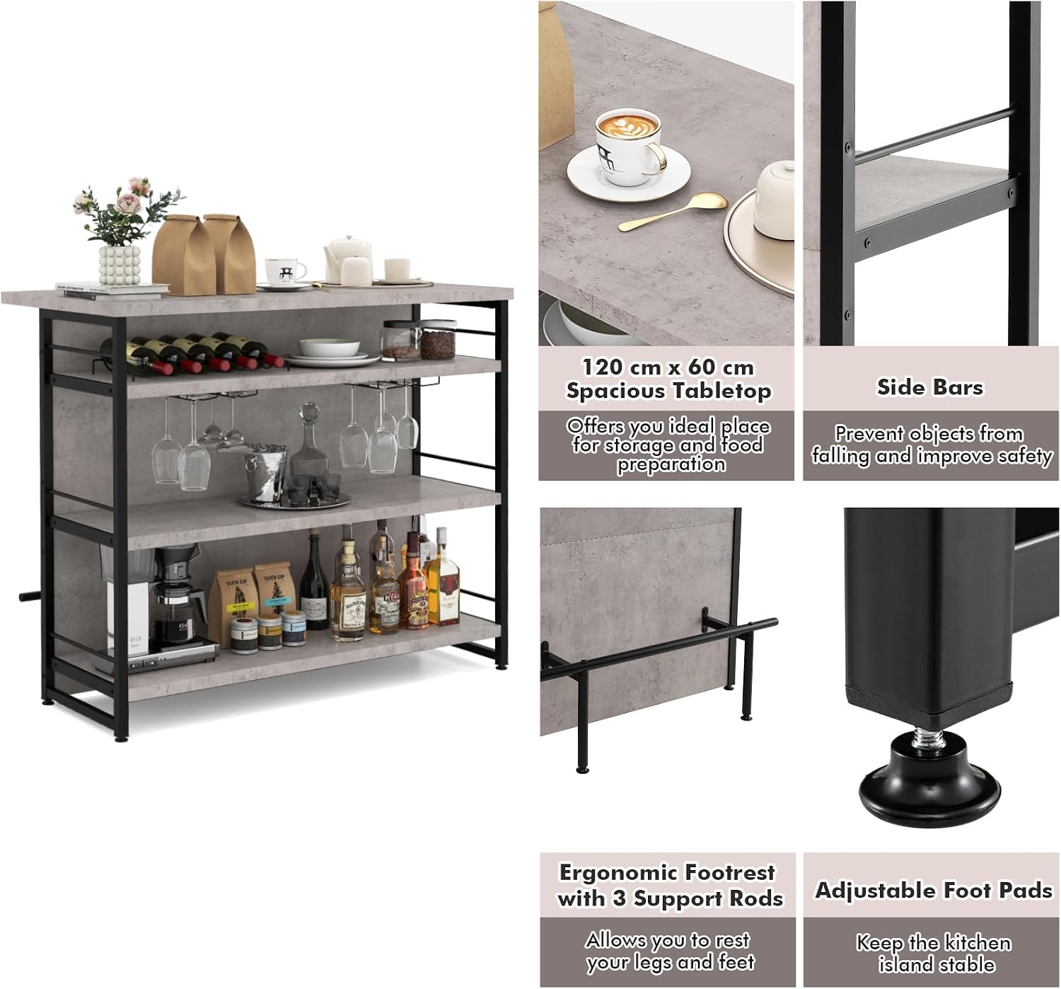 TANGZON 2 in 1 Kitchen Island, Industrial 4-Tier Bar Table with Storage Shelves, Wine Rack, Glass Holders & Footrests, Metal Frame Counter Home Bar Unit Wine Cabinet (Grey)