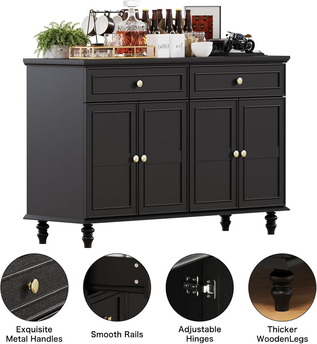 PROXRACER 48" Farmhouse Sideboard Buffet Cabinet with 2 Drawers & 4 Doors, Large Storage Spaces with Adjustable Shelves, Rustic Kitchen Dining Room Cabinet, Black