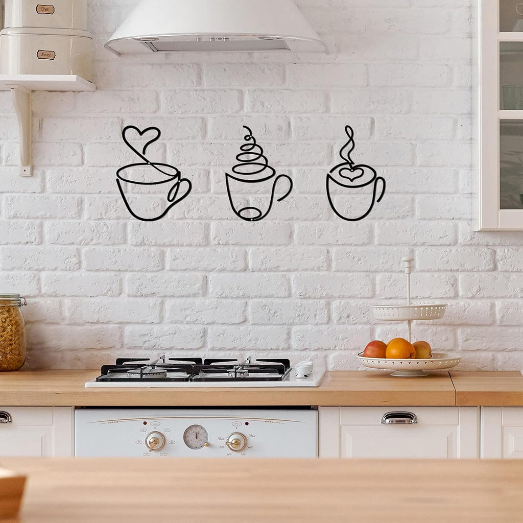 Ferraycle 3 Pieces Coffee Cup Metal Wall Art Wire Coffee Bar Hanging Decor Cafe Themed Vintage Rustic Metal Sign for Kitchen Restaurant Shop Home Office Accessories