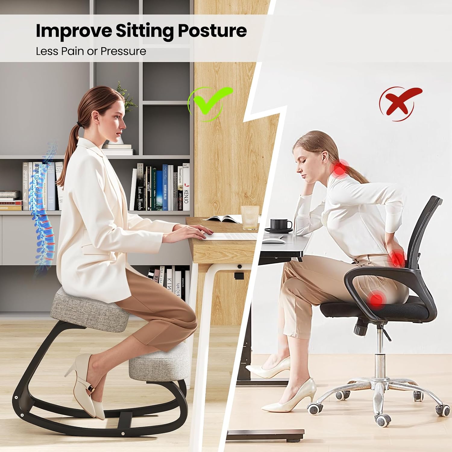 Goplus Ergonomic Kneeling Chair, Rocking Posture Chair w/Soft Seat & Pads, Wooden Backless Knee Chair for Home Office Study