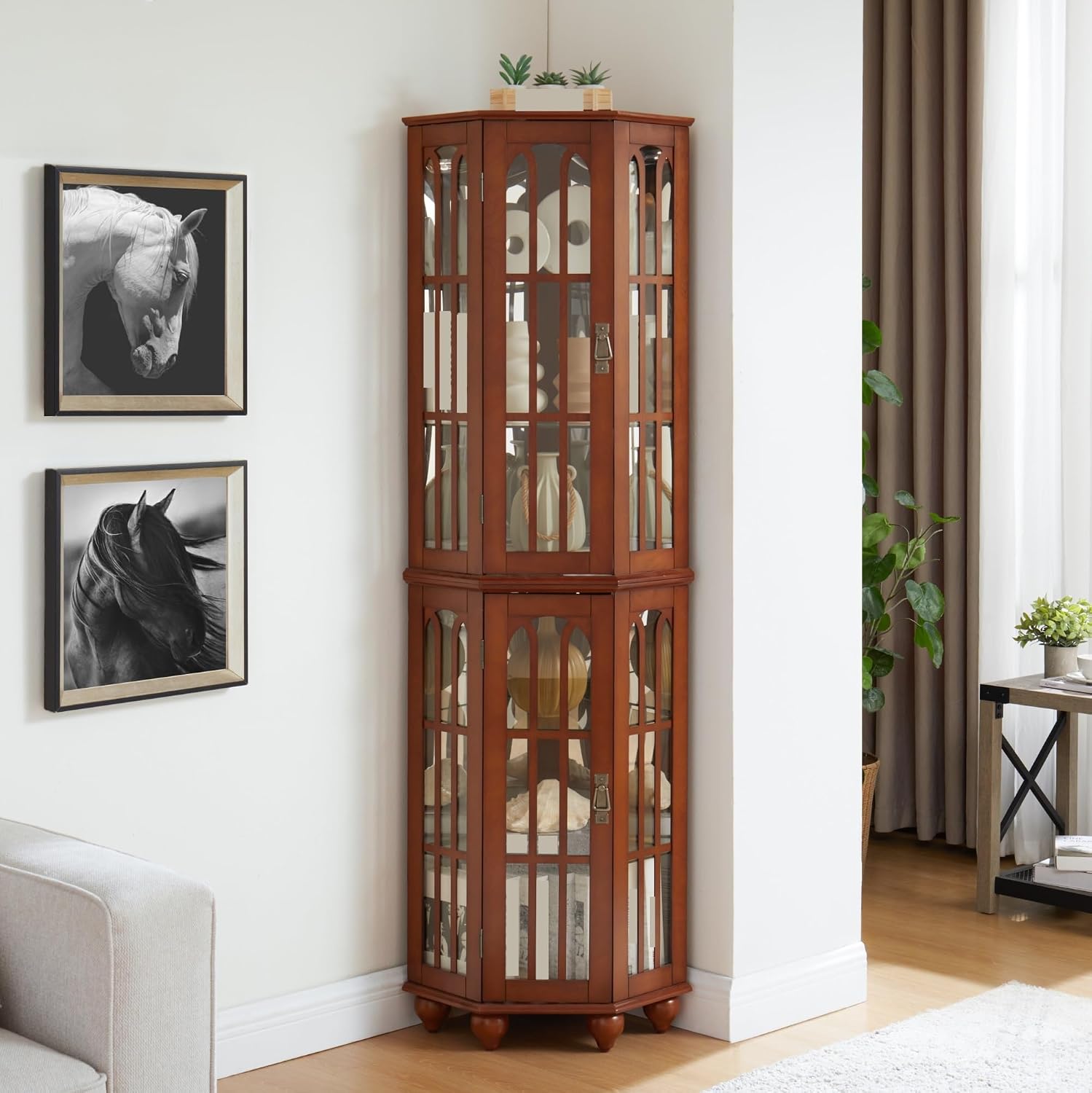 Pantry Sideboard Locker, Corner Curio Cabinet, with 4 Adjustable Tempered Glass Shelves and Lighting System,for Kitchen Home