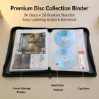 CD DVD Storage Binder, Holds 56 Discs and 28 Booklets with Tag Slots, PU Leather Wallet Organizer for Blu-ray Movies, Music, Video Games, Home and Car