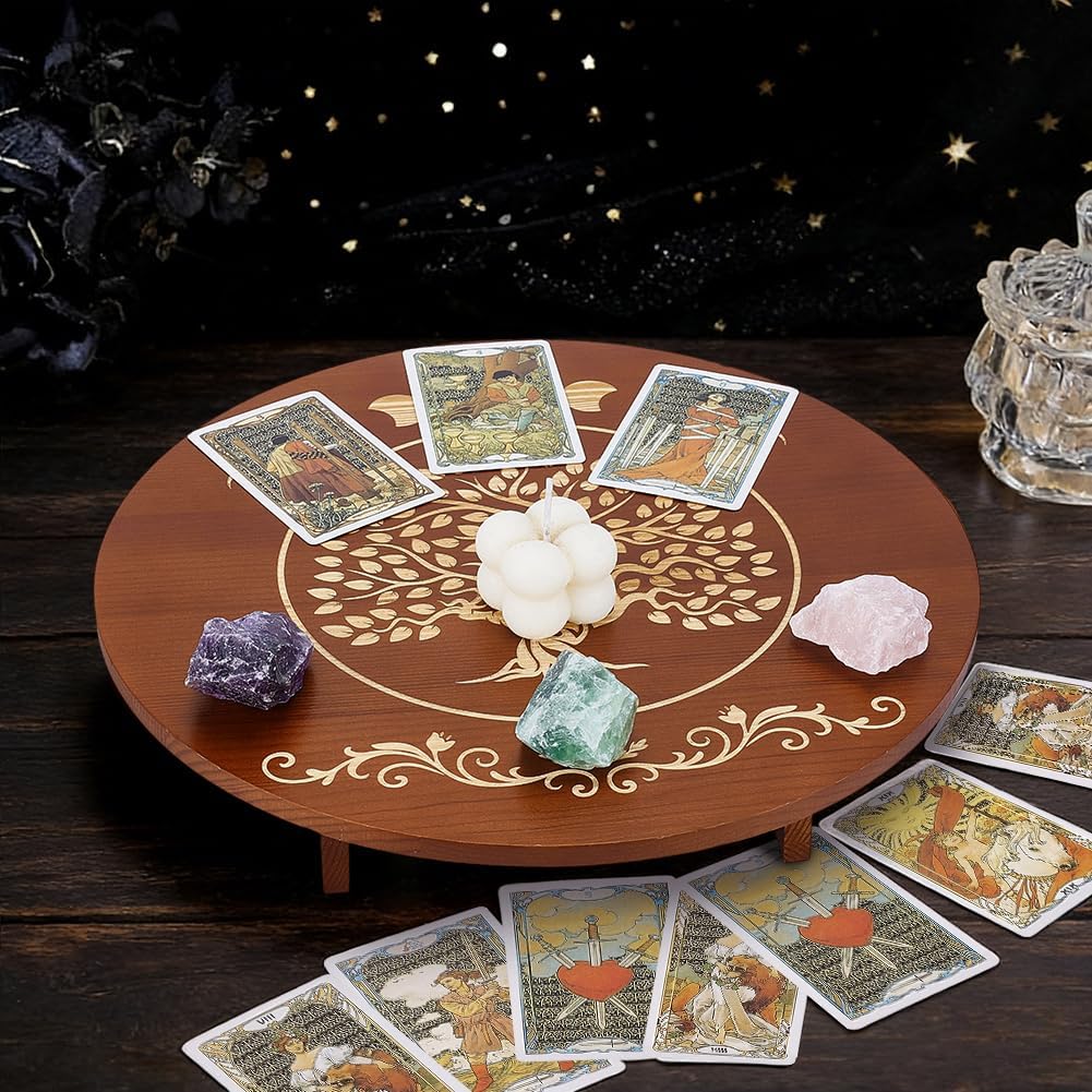 PH PandaHall Altar Table, 11.8x2.7 Inch Round Wooden Meditation Table Engraved Moon Tree of Life Patterns Wiccan Tables for Room Engraved Mystic Decor Witchcraft Supplies Buddhist Alter