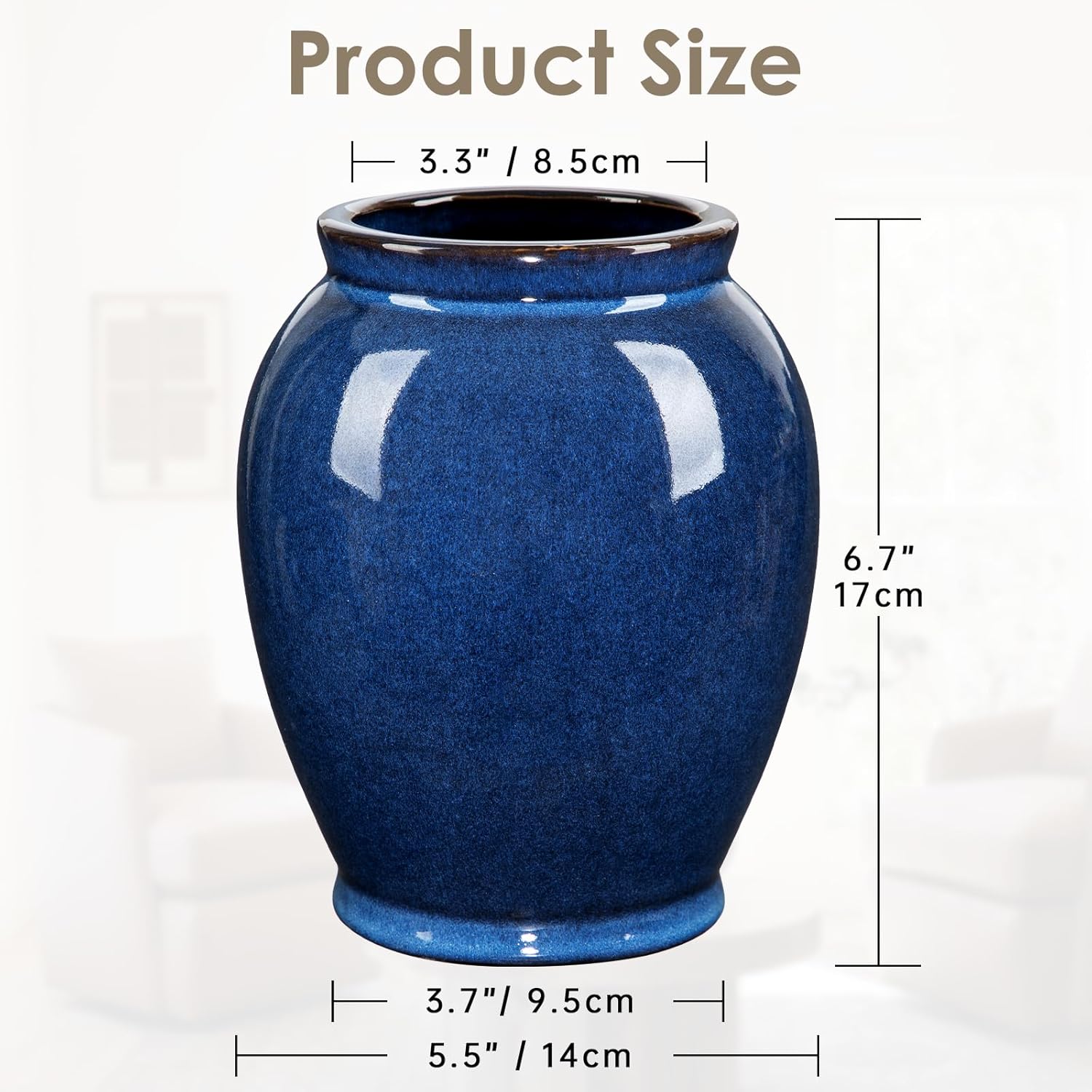 Blue Large Ceramic Vases for Flowers Navy Blue Glazed Pottery Vases Rustic Modern Farmhouse Distressed Decorative Vase for Home Kitchen Mantel Shelf Living Room Table Centerpiece Decor - 6.7 Inch Tall