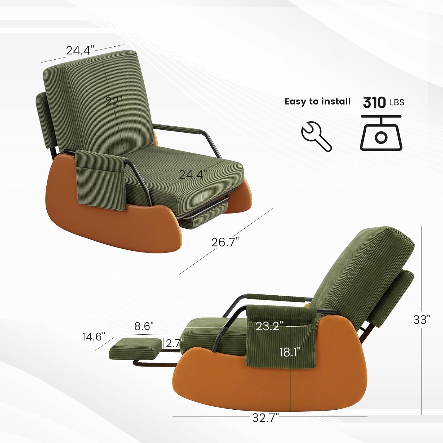 Furniliving Modern Glider Rocking Chair, Upholstered Nursery Glider Chair with Adjustable Recline & Retractable Footrest, Comfortable Lounge Chair for Mom Nursery Living Room Bedroom (Green)
