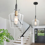 Modern Glass Pendant Lighting for Kitchen Island 2 Pack, Farmhouse Black and Gold Pendant Light Fixtures, Adjustable Hanging Ceiling Light, Angled Clear Glass Shades 8 Inch