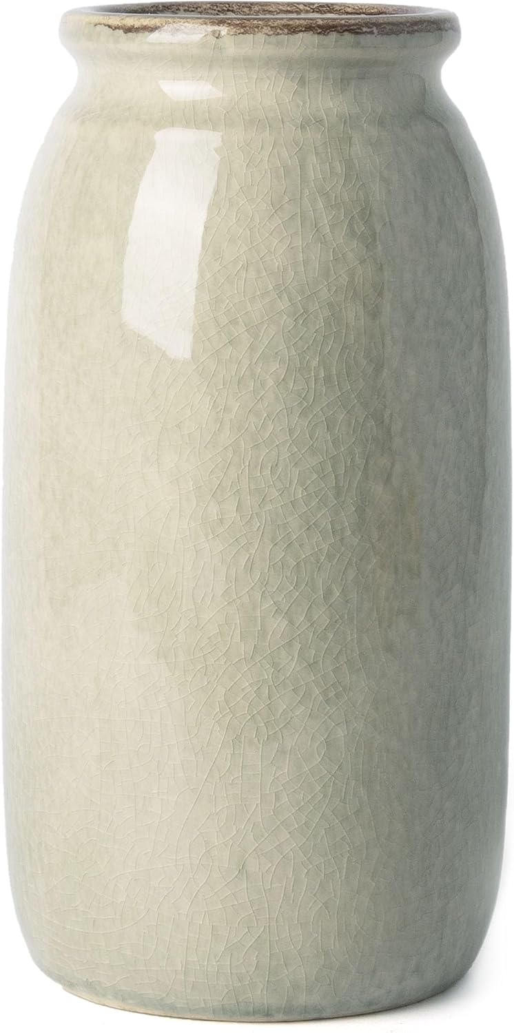 VICTOR & TERESA Rustic Large Green Vase for Home Decor, 10'' Tall Ceramic Vases for Flowers, Farmhouse Decorative Vases for Pampas Grass, Table, Mantel, Living Room, Centerpieces